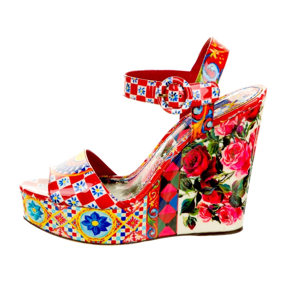 Dolce & Gabbana Leather Floral Mambo Wedges - Sz 9